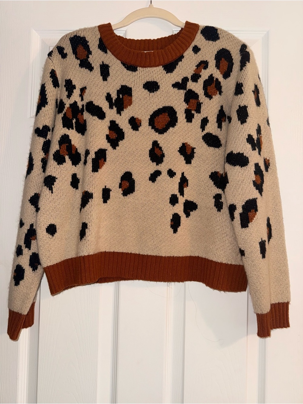 Leopard Print Crewneck Sweater in Beige with Rust Trim - Picture 1 of 4